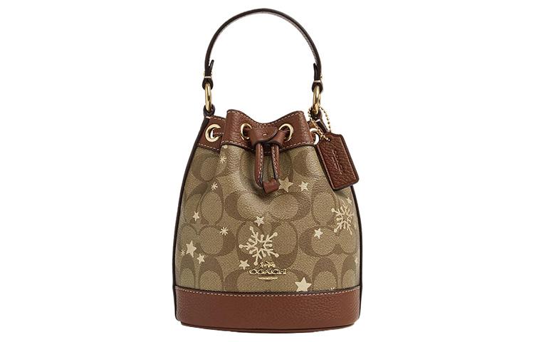 Coach Coach Dempsey Coated Canvas With Shell Pattern Leather Bucket Bag Handbag Shoulder Bag Crossbody Bag Mini Women's Khaki