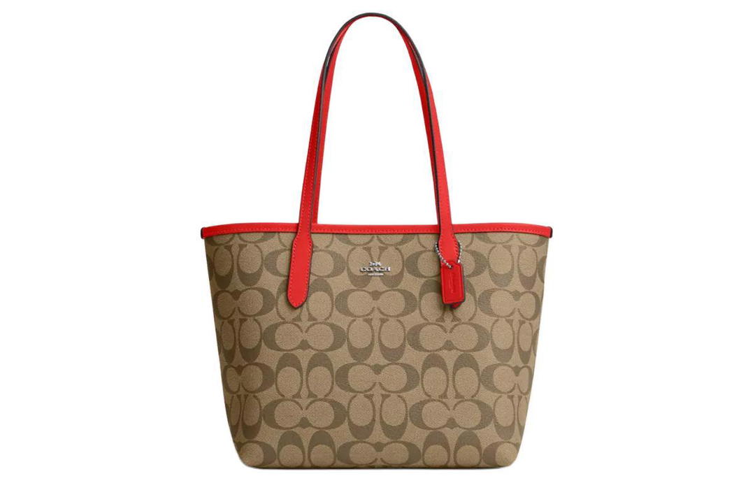 Coach Coach City Canvas With Leather Tote Bag Shopping Bag Handbag Shoulder Bag Women's Silver & Khaki & Miami Red