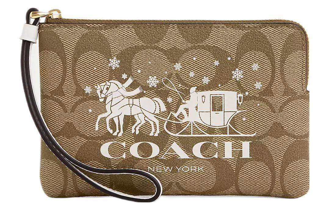 Coach Coach Corner Zip Coated Canvas With Smooth Leather Clutch Women's Gold & Khaki & Chalk