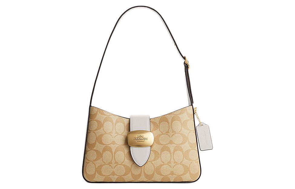 Coach Coach Eliza Artificial Leather With Cow Split Leather One Shoulder Handbags Medium Size Women's Light Khaki
