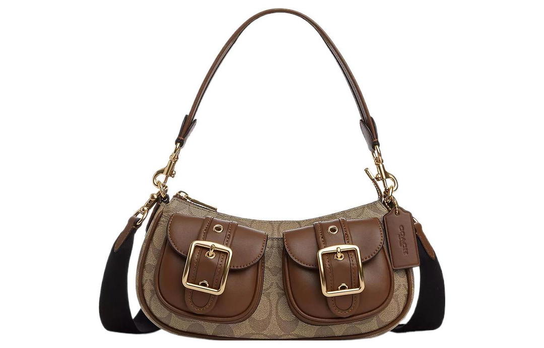 Coach Coach Ashton Canvas With Leather Baguette Bag Shoulder Bag Crossbody Bag Medium Size Women's Umber