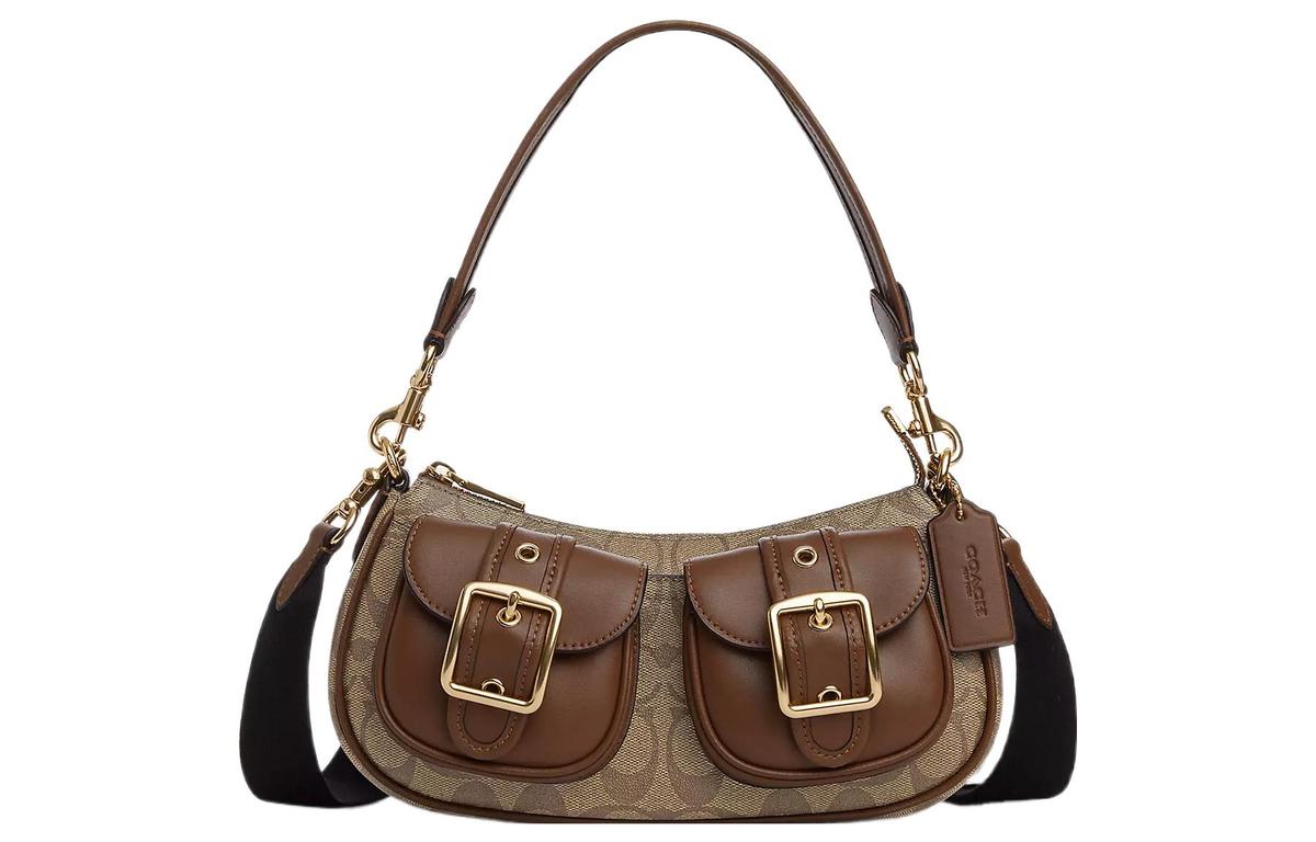 Coach Coach Ashton Canvas With Leather Baguette Bag Shoulder Bag Crossbody Bag Medium Size Women's Umber