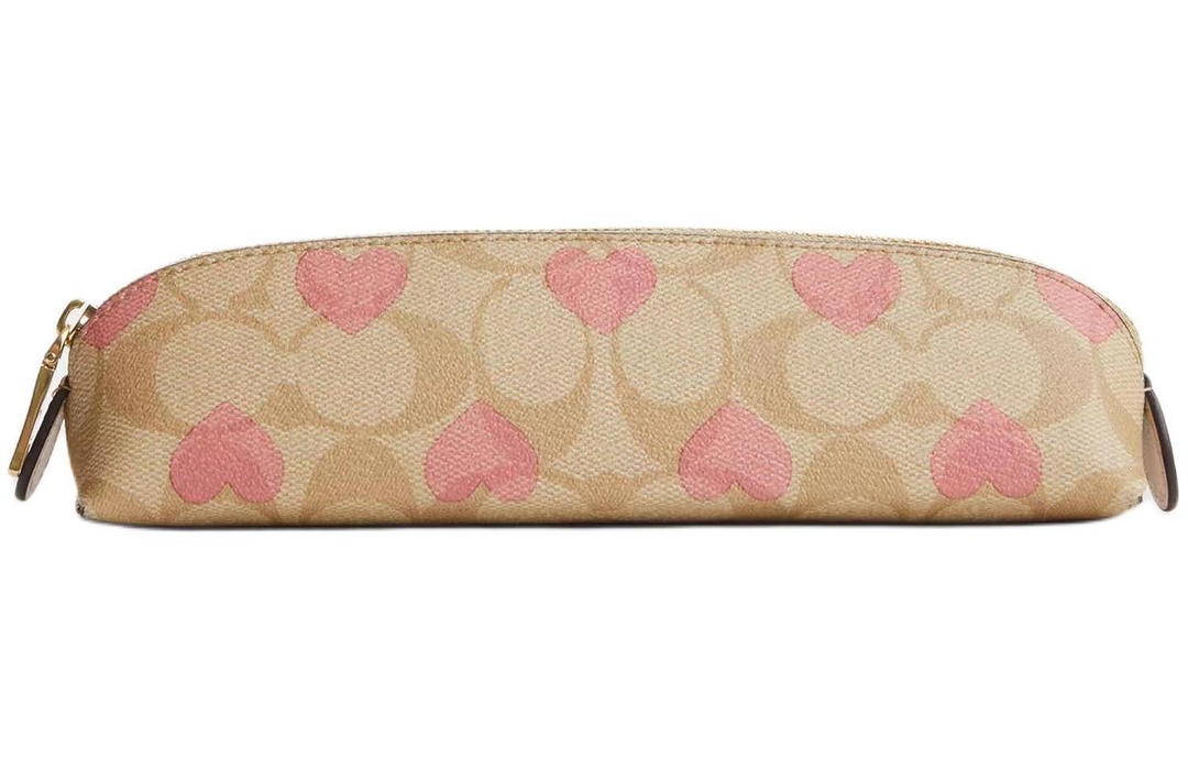 Coach Coach Pencil Case Canvas With Leather Pencil Case Storage Bag Small Size Women's Gold & Light Khaki Pink