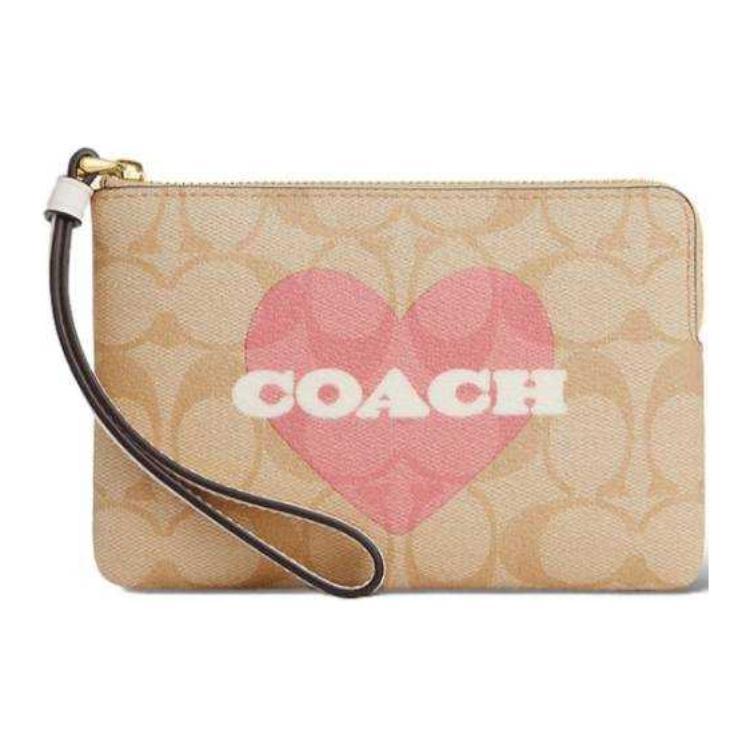Coach Coach Corner Zip Artificial Leather Wrist Bag Clutch Small Size Women's Light Khaki & Chalk White