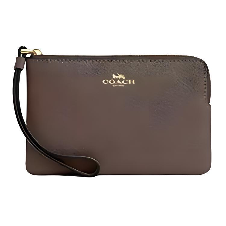 Coach Coach Corner Zip Refined Pebble Pattern Leather Clutch Mini Women's Dark Stone Color