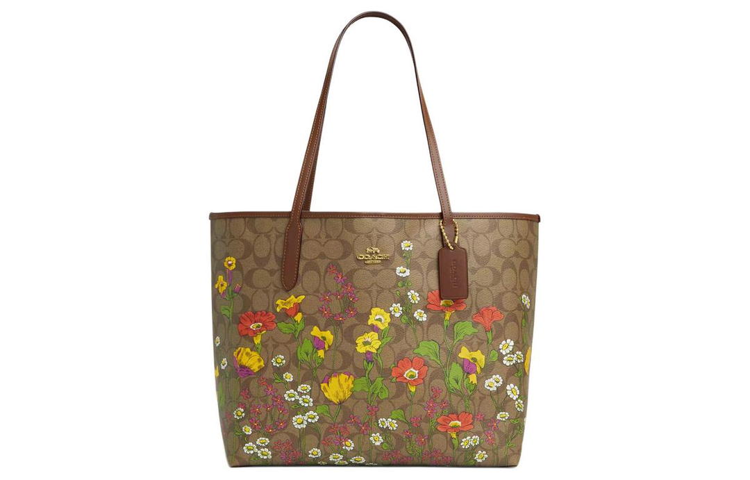 Coach Coach City Canvas Tote Bag Shopping Bag Shoulder Bag Handbag Large Size Women's Gold & Khaki Multicolor
