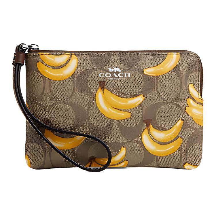 Coach Coach Corner Zip Artificial Leather Clutch Small Size Unisex Khaki & Dark Saddle Brown