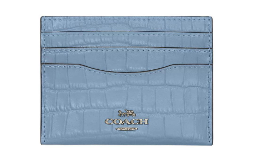 Coach Coach Card Case Crocodile Embossed Leather Card Holder Mini Unisex Bronze Mixed Cornflower Color