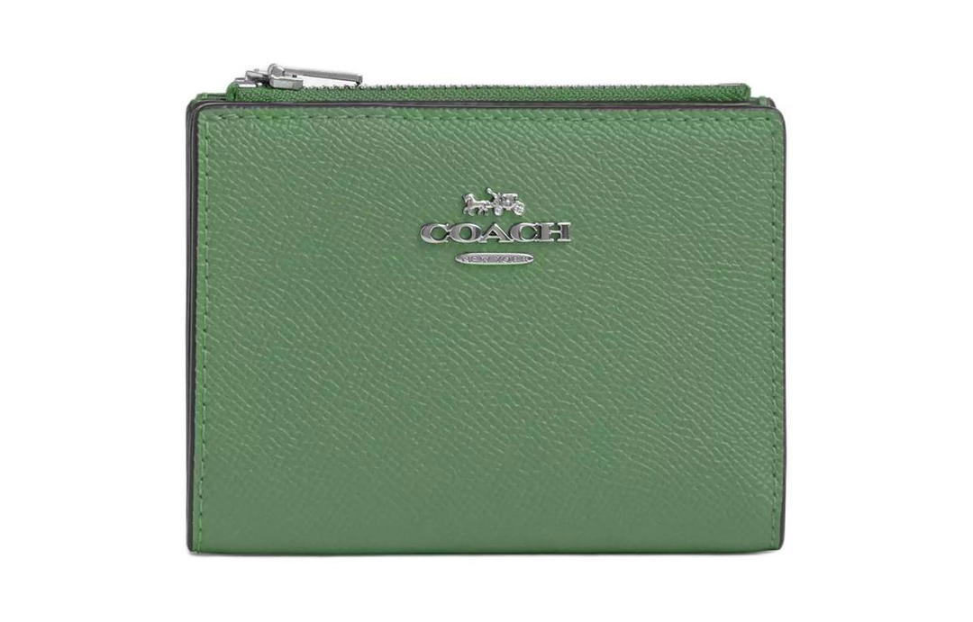 Coach Coach Bifold Cross-Stitch Leather Wallet Mini Women's Silver & Light Green