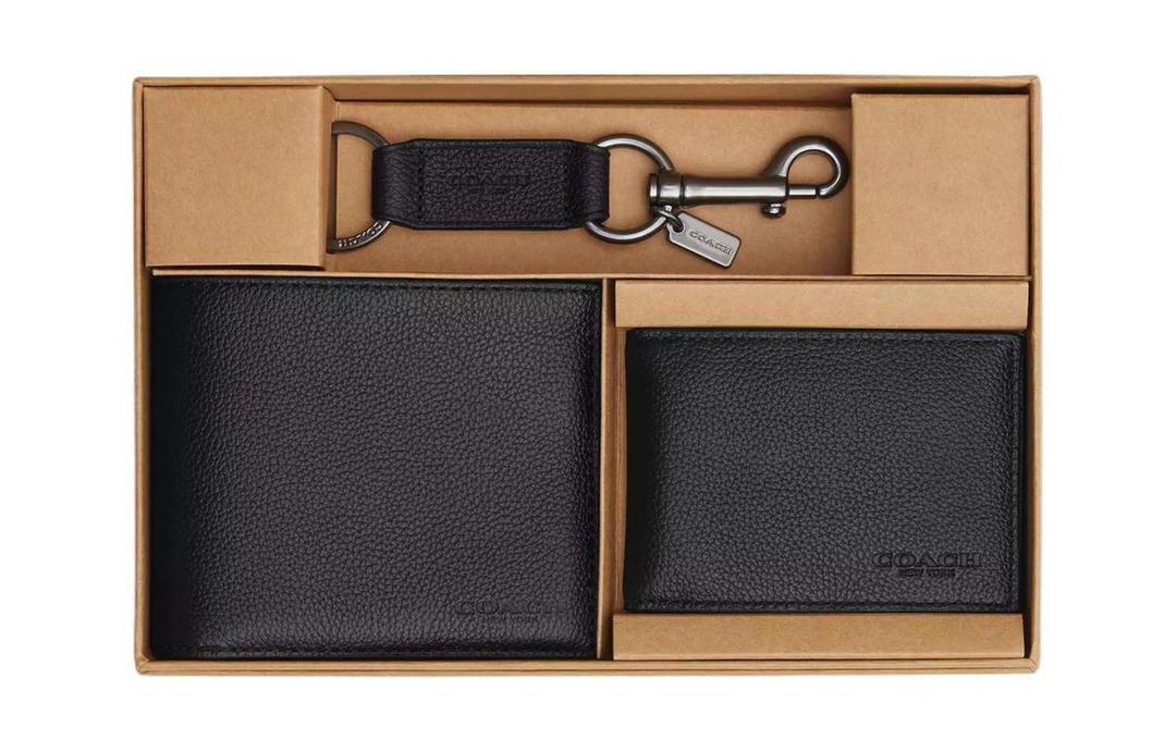 Coach Coach 3 IN 1 Wallet Smooth Calf Leather Gift Set Wallets Mini Men's Black