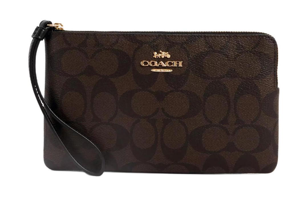 Coach Coach Corner Zip Coated Canvas With Recycled Leather Clutches Wallets Small Size Women's Gold & Brown Black
