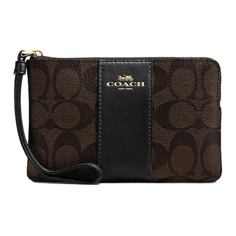 Coach Coach Corner Zip Coated Canvas With Recycled Leather Clutch Small Size Women's Brown Black