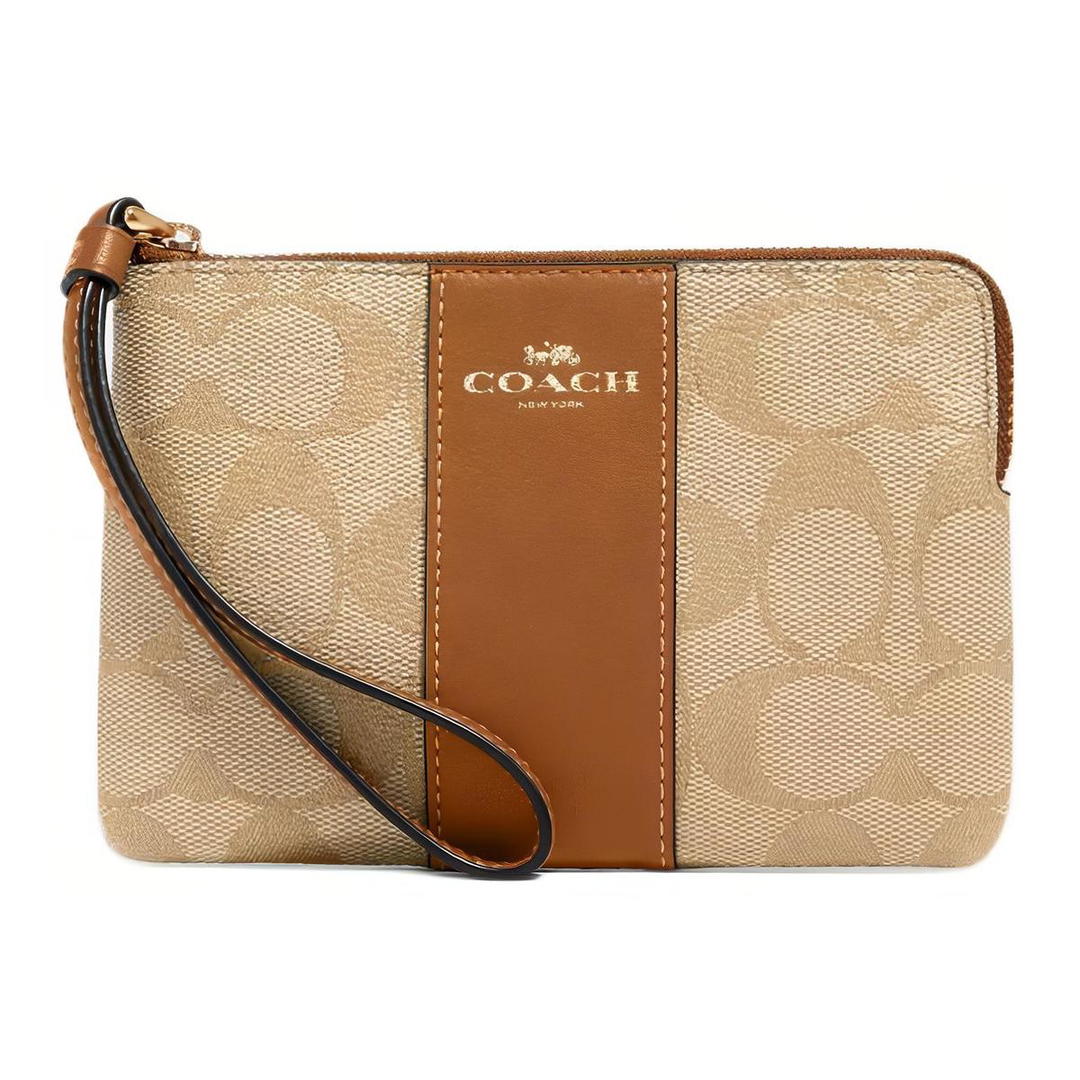 Coach Coach Corner Zip Coated Canvas With Recycled Leather Clutch Small Size Women's Gold & Light Khaki & Light Saddle Brown