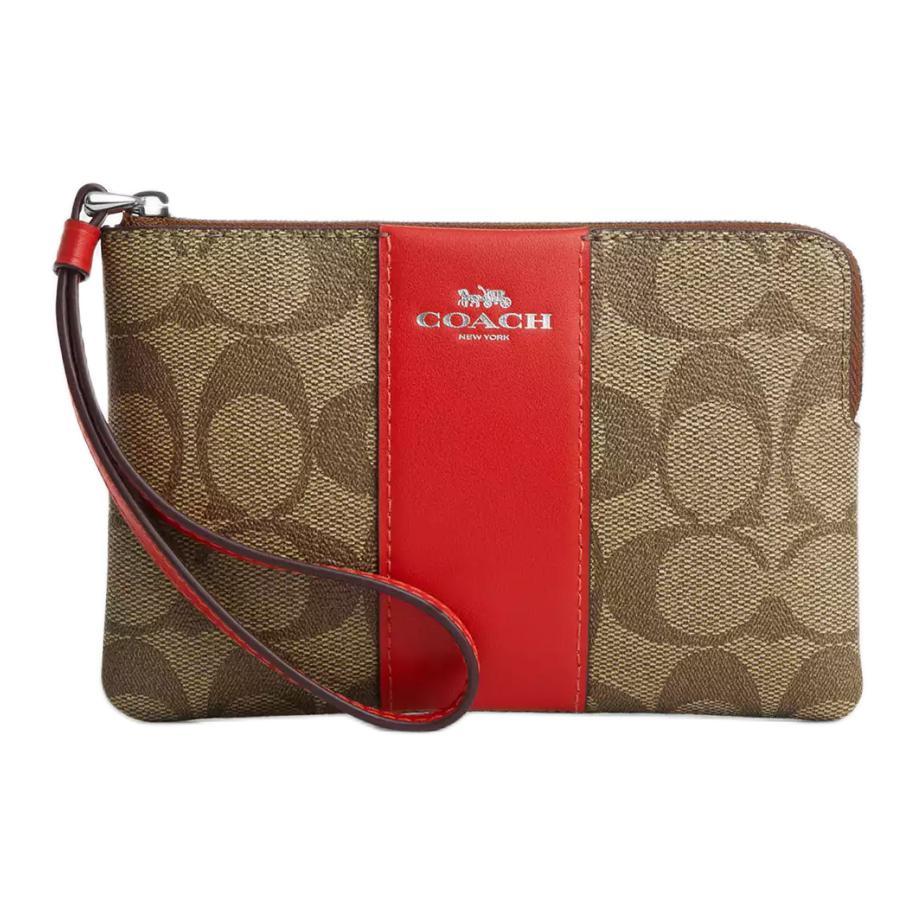 Coach Coach Corner Zip Coated Canvas Recycled Leather Clutch Small Size Women's Silver & Khaki & Miami Red