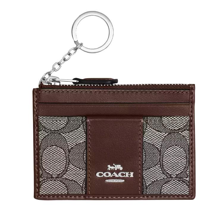 Coach Coach Mini Id Skinny Leather Wallets Card Holders Mini Women's Silver & Oak & Maple