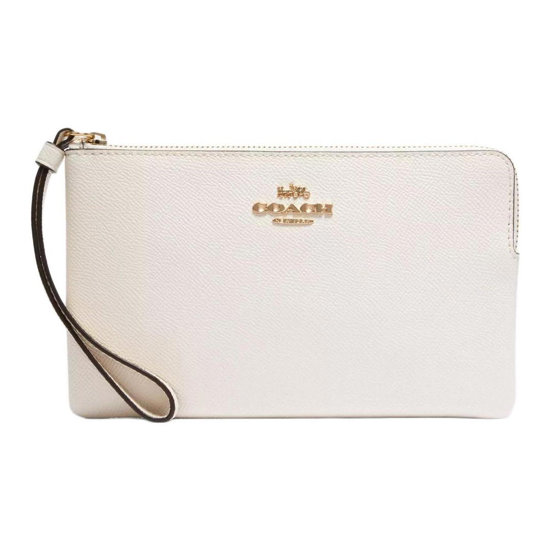 Coach Coach Corner Zip Cross-Stitch Leather Clutch Small Size Women's Gold & Chalk White
