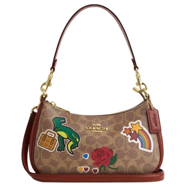 Coach Coach Teri Coated Canvas With Leather Handbag Shoulder Bag Medium Size Women's Tan Multicolor