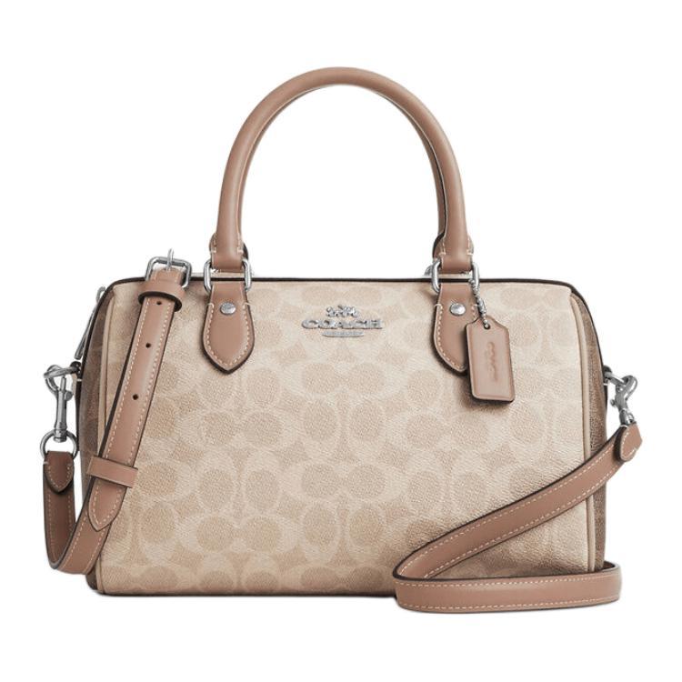 Coach Coach Rowan Coated Canvas Boston Bag Crossbody One Shoulder Handbags Medium Size Women's Sand & Gray Umber Multicolor