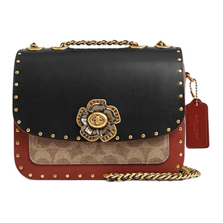 Coach Coach Madison Shoulder Bag Tea Rose Turnlock Rivets & Snakeskin Details Women's Black/Red