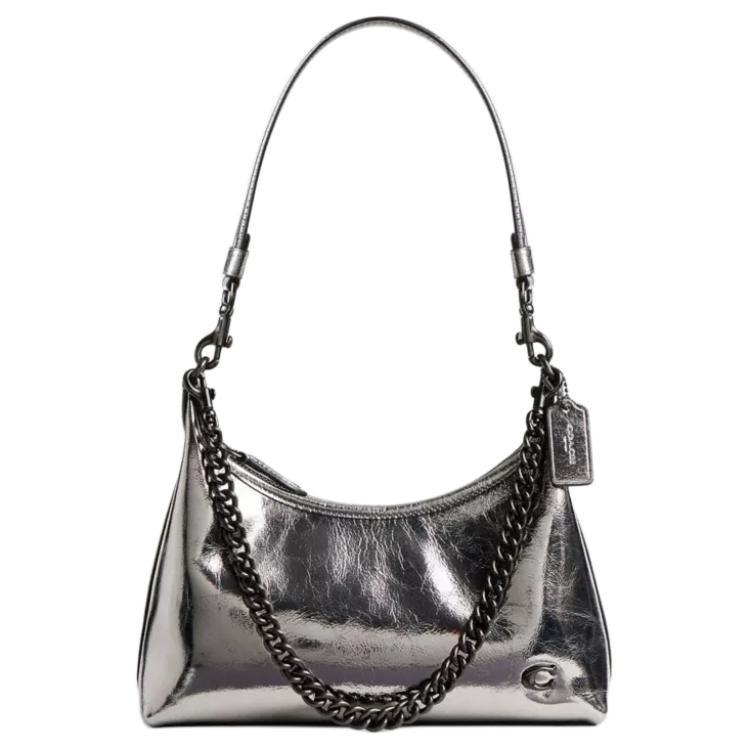 Coach Coach Metallic Leather Shoulder Bag Crossbody Bag Medium Size Women's Silver Gray