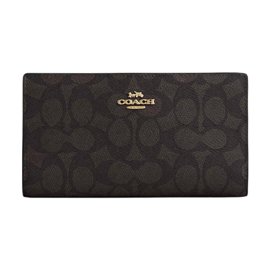 Coach Coach SignatureCanvas Coated Canvas Wallet Small Size Women's Walnut Wood With Black Accents