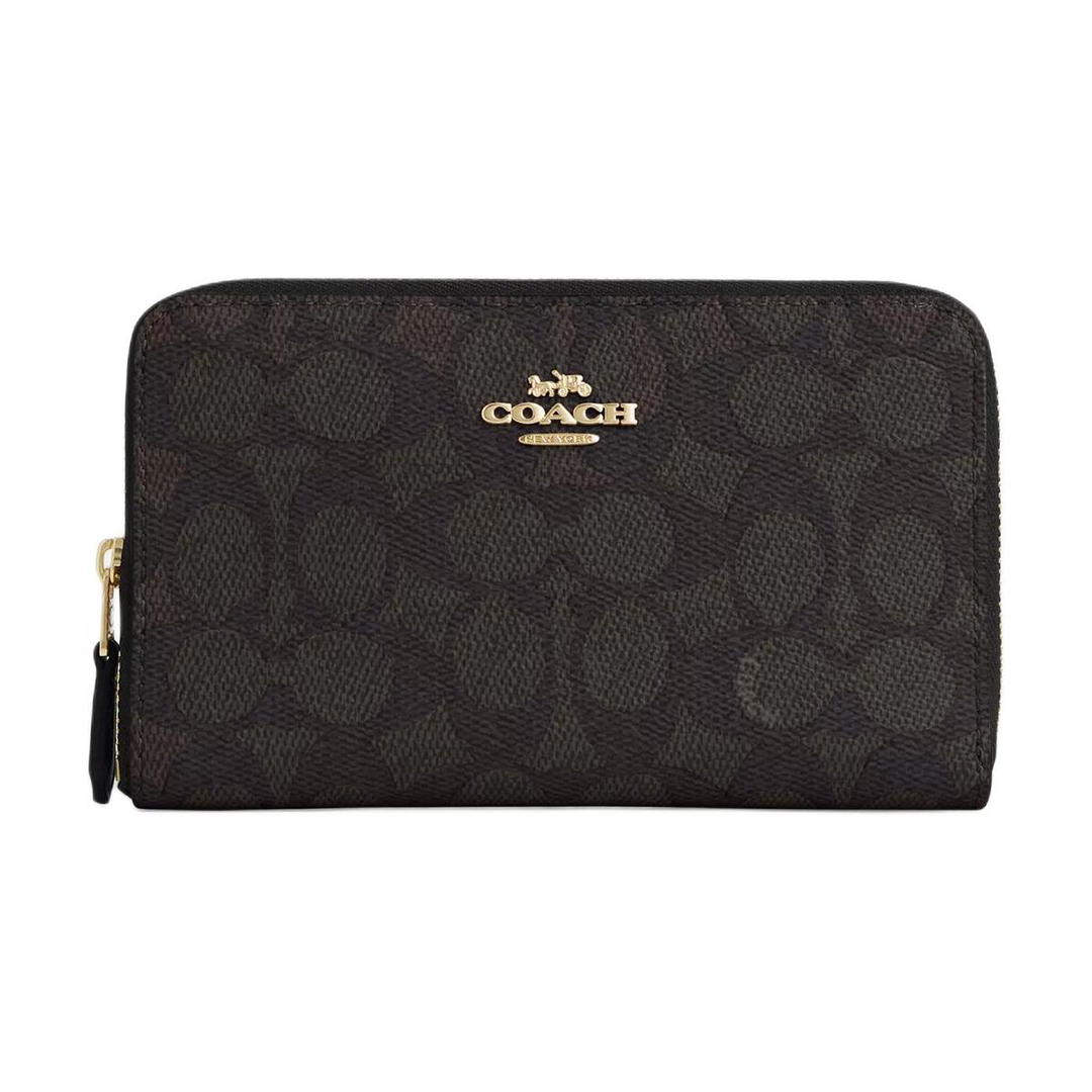 Coach Coach SignatureCanvas Coated Canvas Wallet Medium Size Women's Walnut Wood With Black Accents