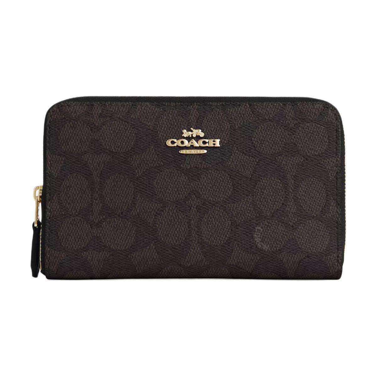 Coach Coach SignatureCanvas Coated Canvas Wallet Medium Size Women's Walnut Wood With Black Accents