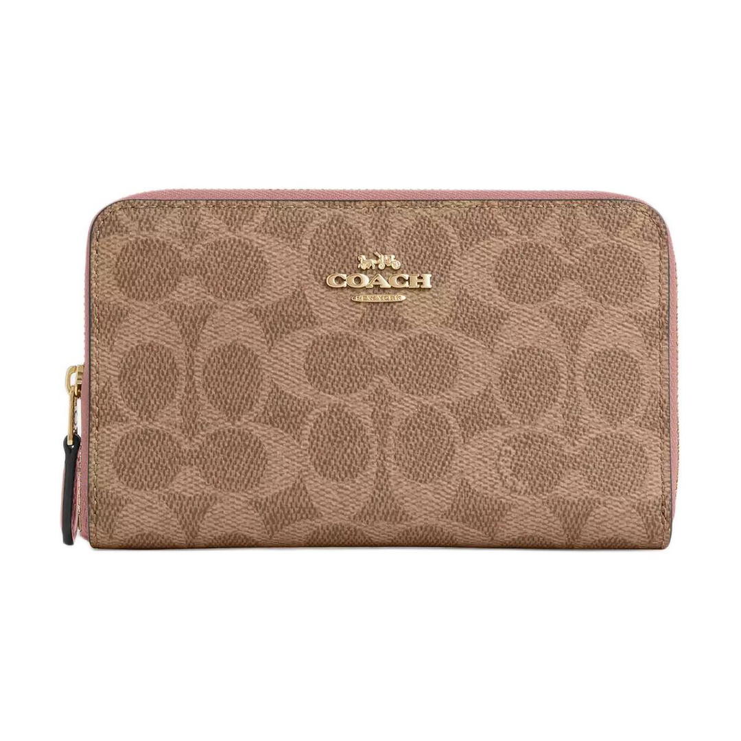 Coach Coach Coated Canvas Wallet Small Size Women's Tan & Pink