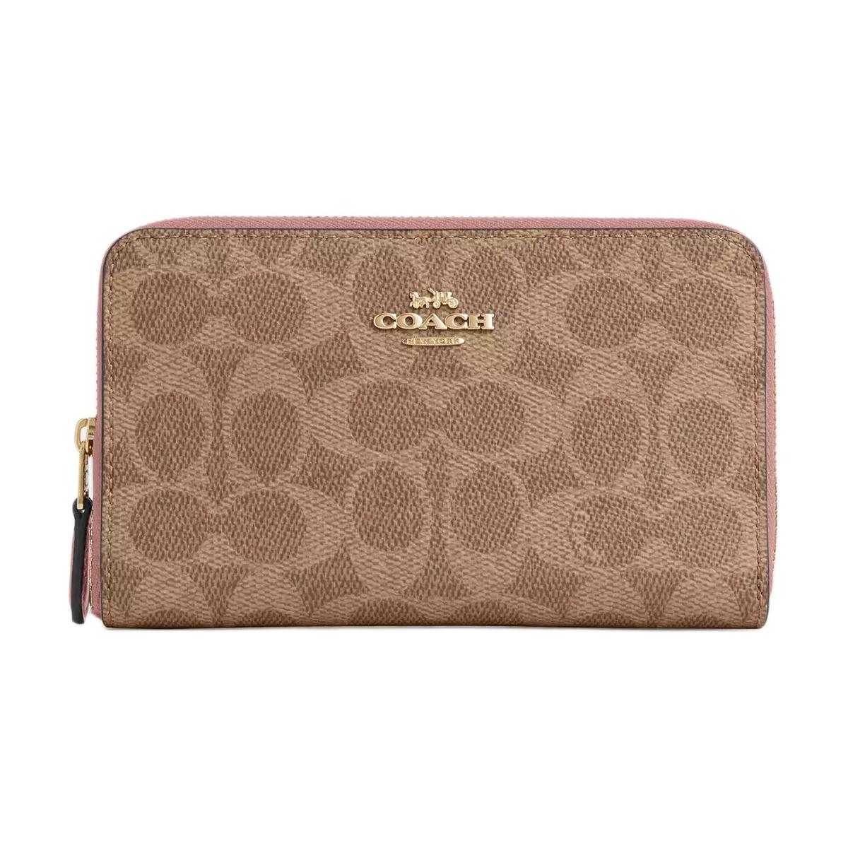 Coach Coach Coated Canvas Wallet Small Size Women's Tan & Pink