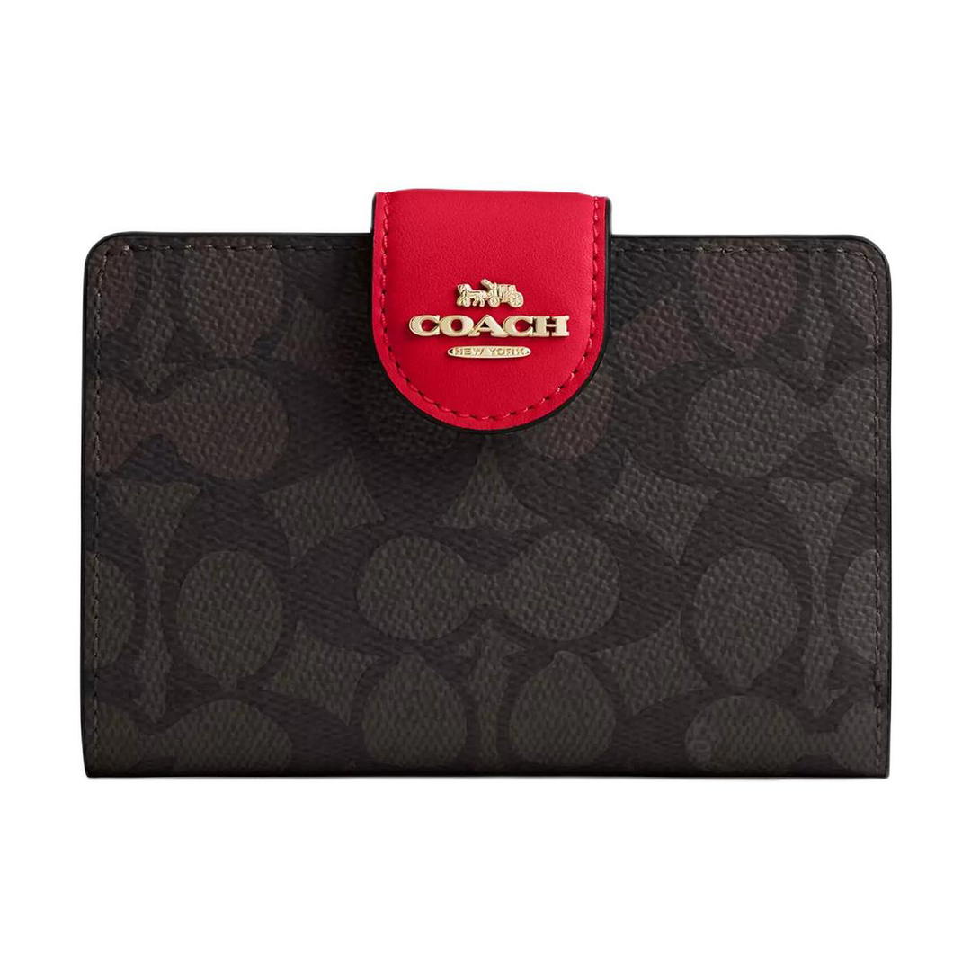 Coach Coach SignatureCanvas High-quality Leather Wallet Medium Size Women's Walnut Wood With Red Accents