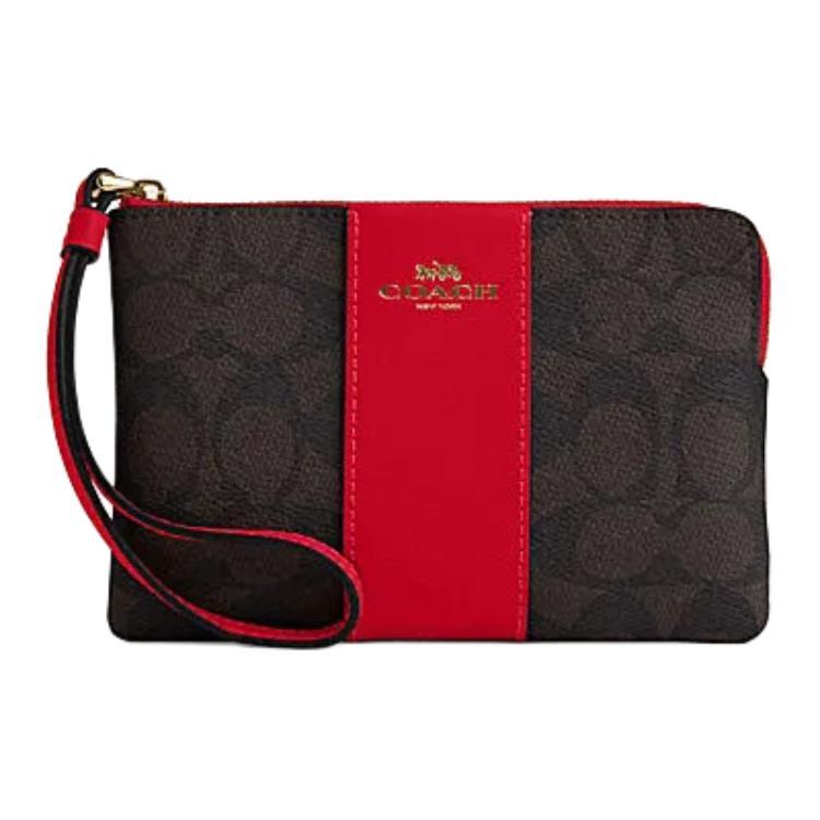 Coach Coach Corner Zip Artificial Leather Bonded Cow Split Leather Wrist Bags Clutches Small Size Women's Walnut & Red