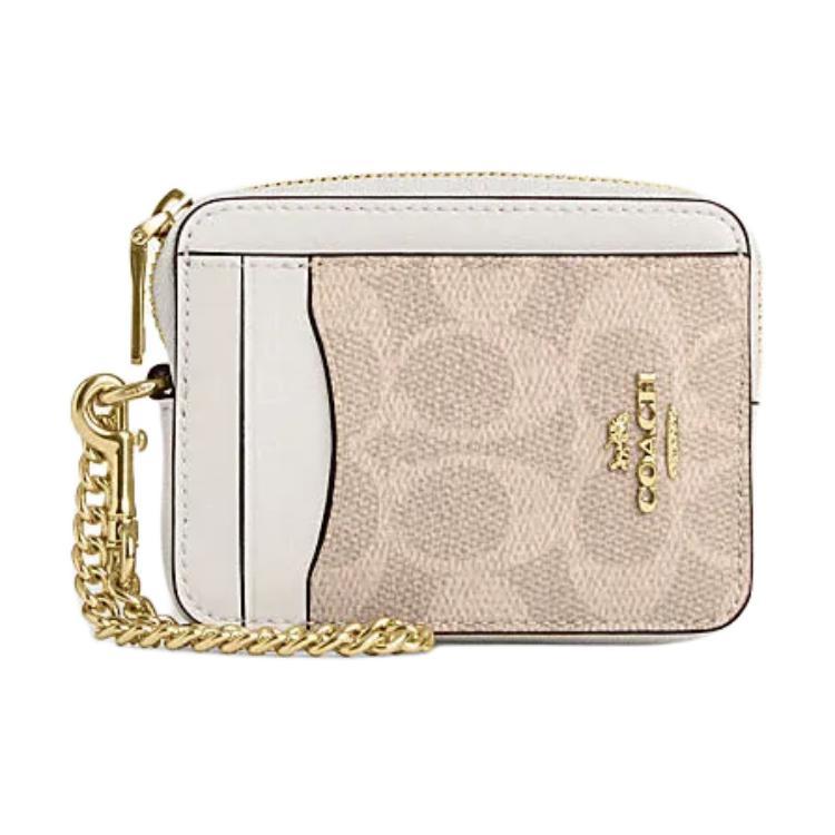 Coach Coach Zip Top Card Case Artificial Leather With Recycled Leather Card Holder Women's Sand Yellow & Chalk White