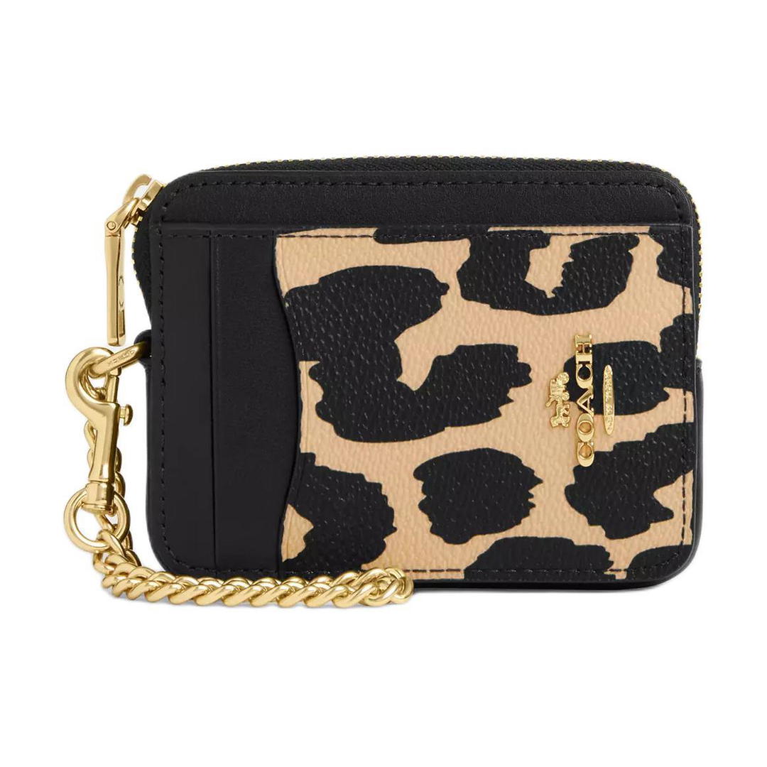 Coach Coach Chain Coated Canvas Card Holder Mini Women's Leopard Print Multicolor