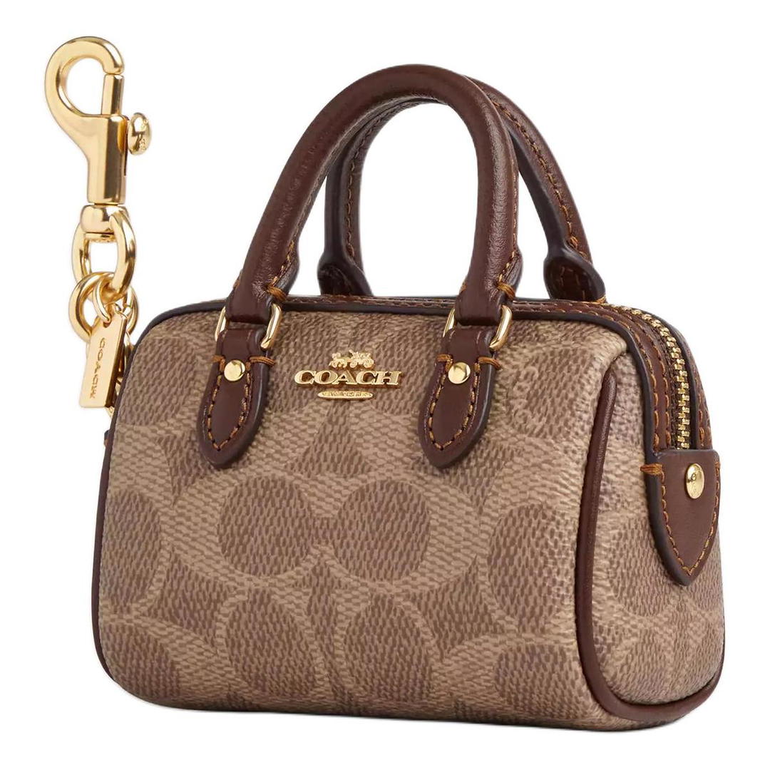 Coach Coach Bag Charm Coated Canvas With Smooth Leather Bag Accessory Mini Women's Gold Tan Brown