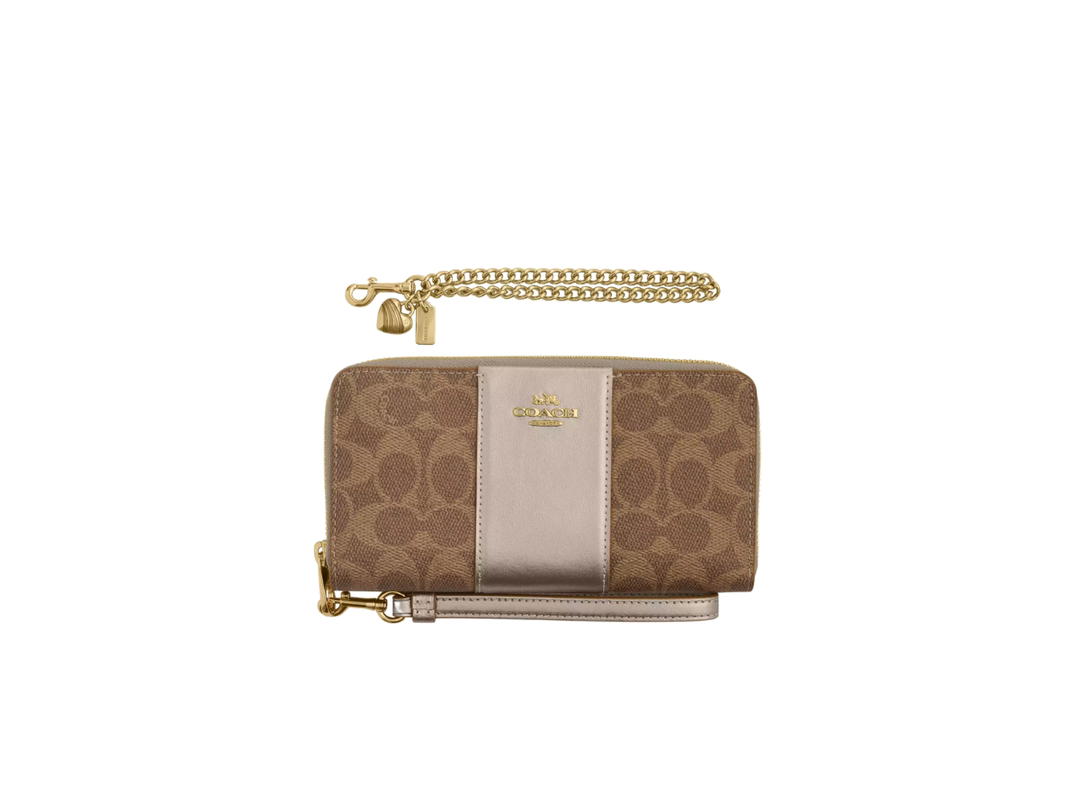 Coach Coach Boxed Long Zip Around Wallet In Signature Canvas With Gold Hardware Gold Tan Light Champagne