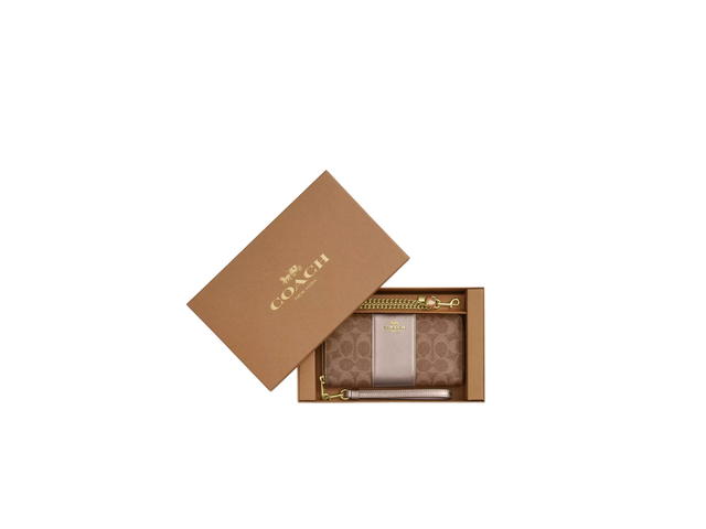 Coach Coach Boxed Long Zip Around Wallet In Signature Canvas With Gold Hardware Gold Tan Light Champagne - view 3