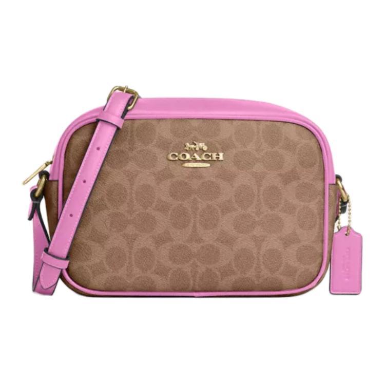 Coach Coach Jamie Coated Canvas Camera Bag, Crossbody Bag, Shoulder Bag Small Size Women's Tan & Pink