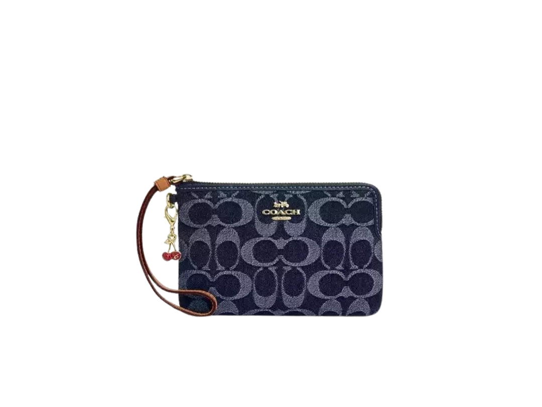 Coach Coach Corner Zip Wristlet In Cherry Charm Signature Denim And Leather