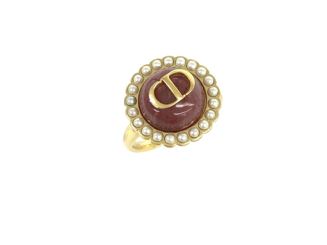 Dior Dior Petit CD Baroque Ring In Gold-Finish Metal With White Resin Pearls And Pink Glass