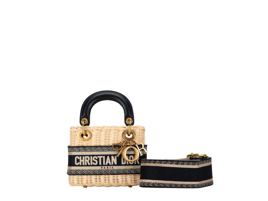 Dior Dior Lady Mini In Natural Wicker And Blue Dior Oblique Jacquard