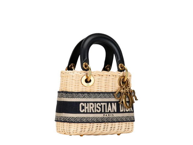 Dior Dior Lady Mini In Natural Wicker And Blue Dior Oblique Jacquard - view 2