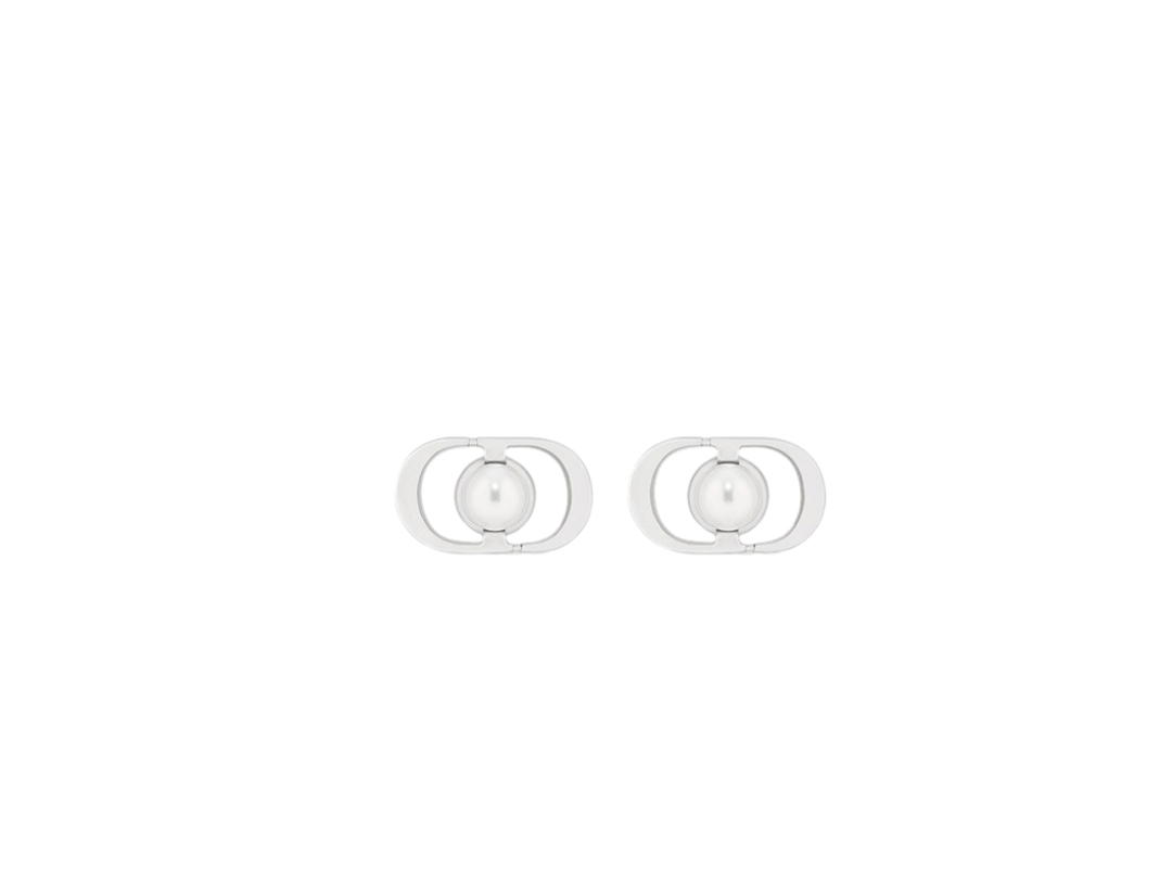 Dior Dior Mini Petit CD Jolie Stud Earrings In Palladium-Finish Metal And White Resin Pearls Silver