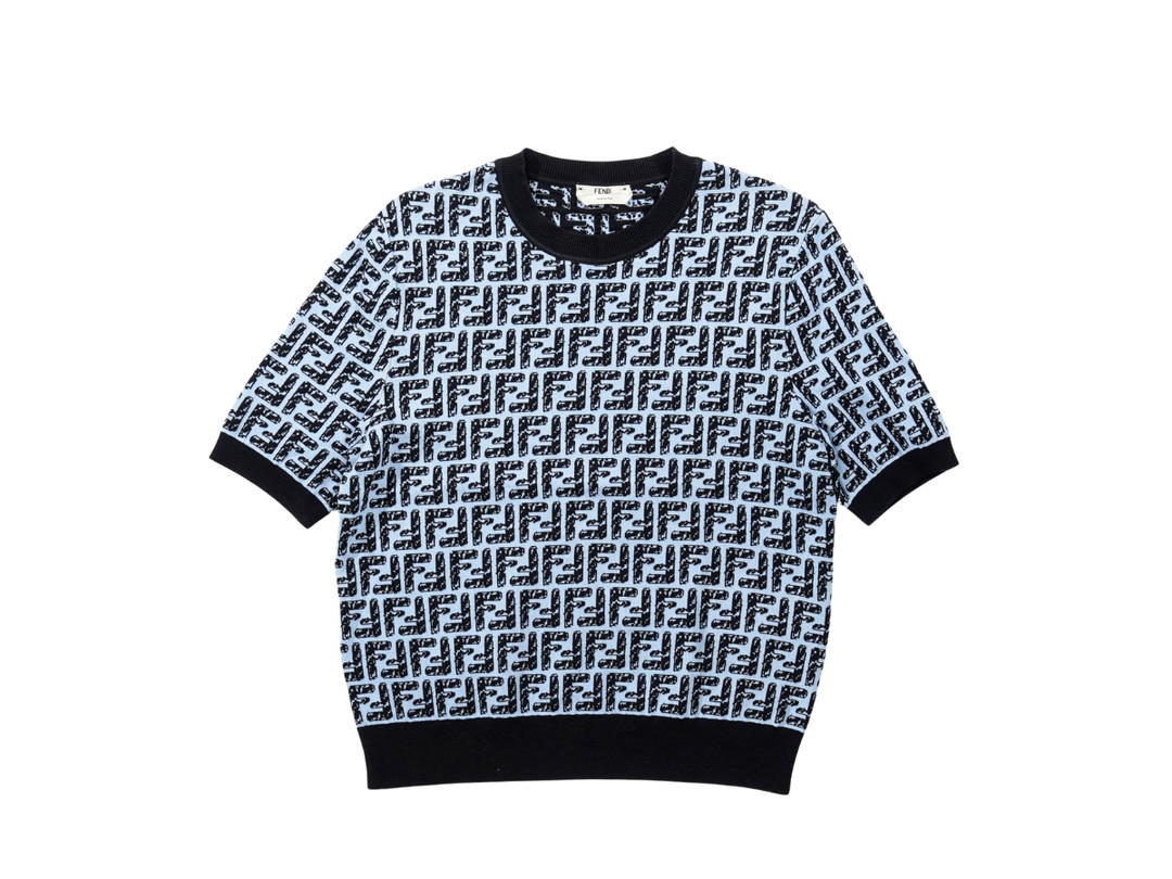 Fendi Fendi Embroidered Logo Pattern Knit Short Sleeve Blue