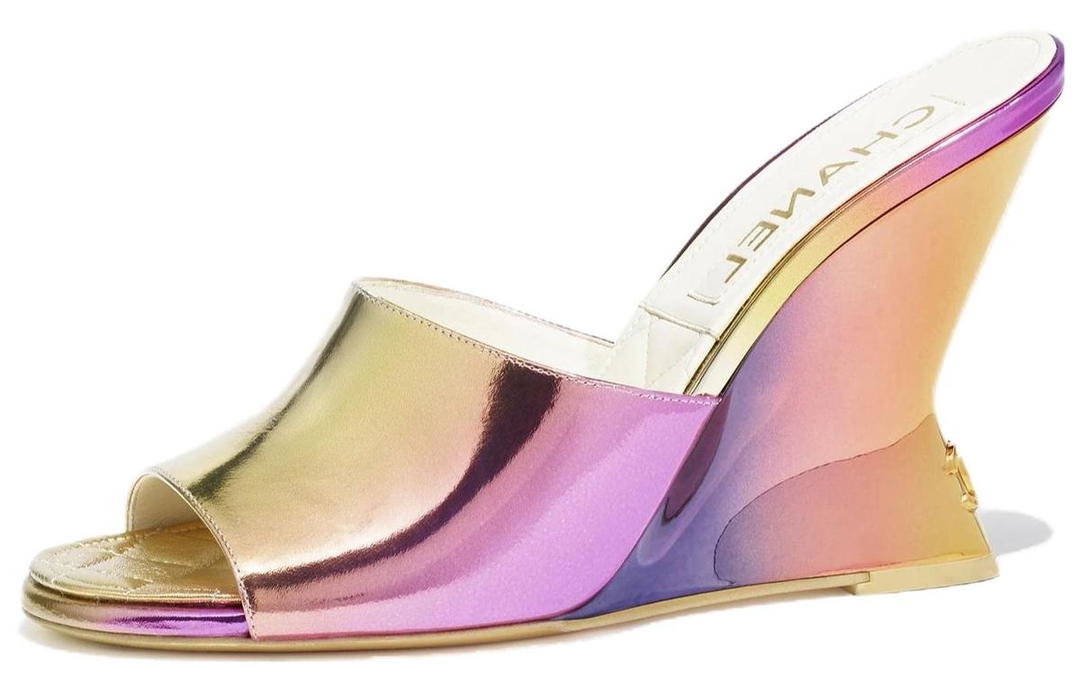 Chanel Chanel Slip Resistant Slide Slippers 10cm Women's Purple Gold