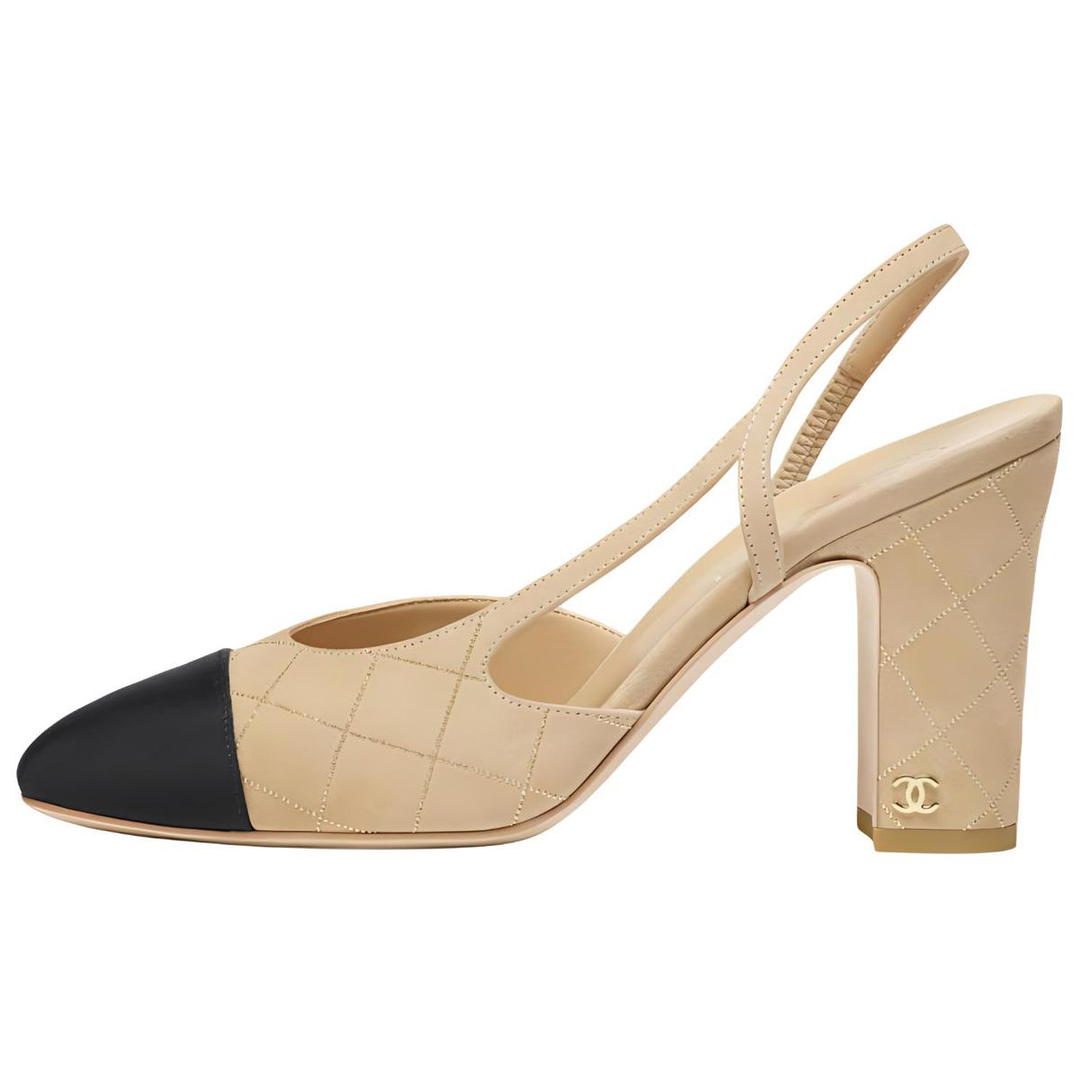 Chanel Chanel Chunky Heel High Heels 9cm Women's Beige