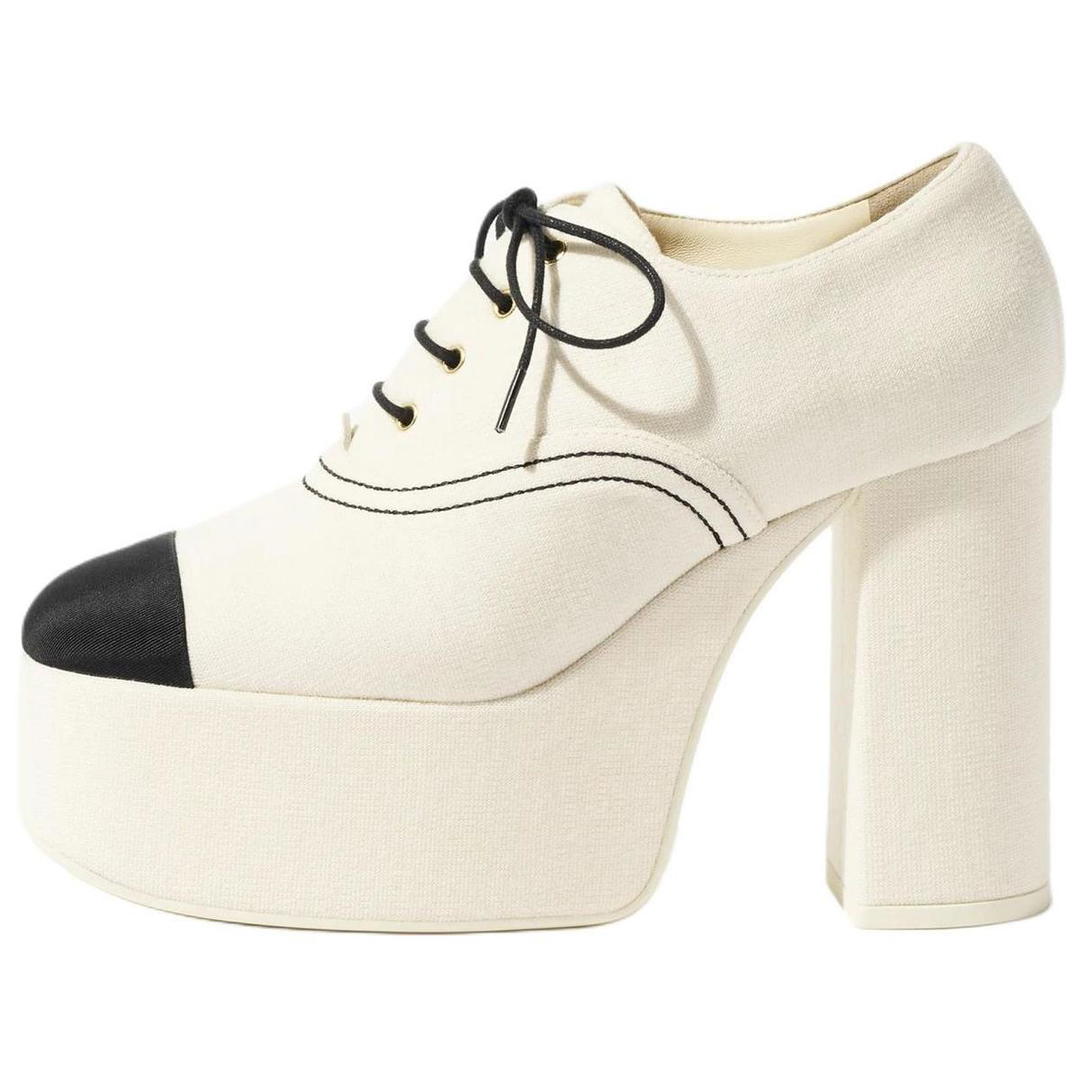 Chanel Chanel 25S Block Heel High Heels 12cm Women's Ivory White & Black