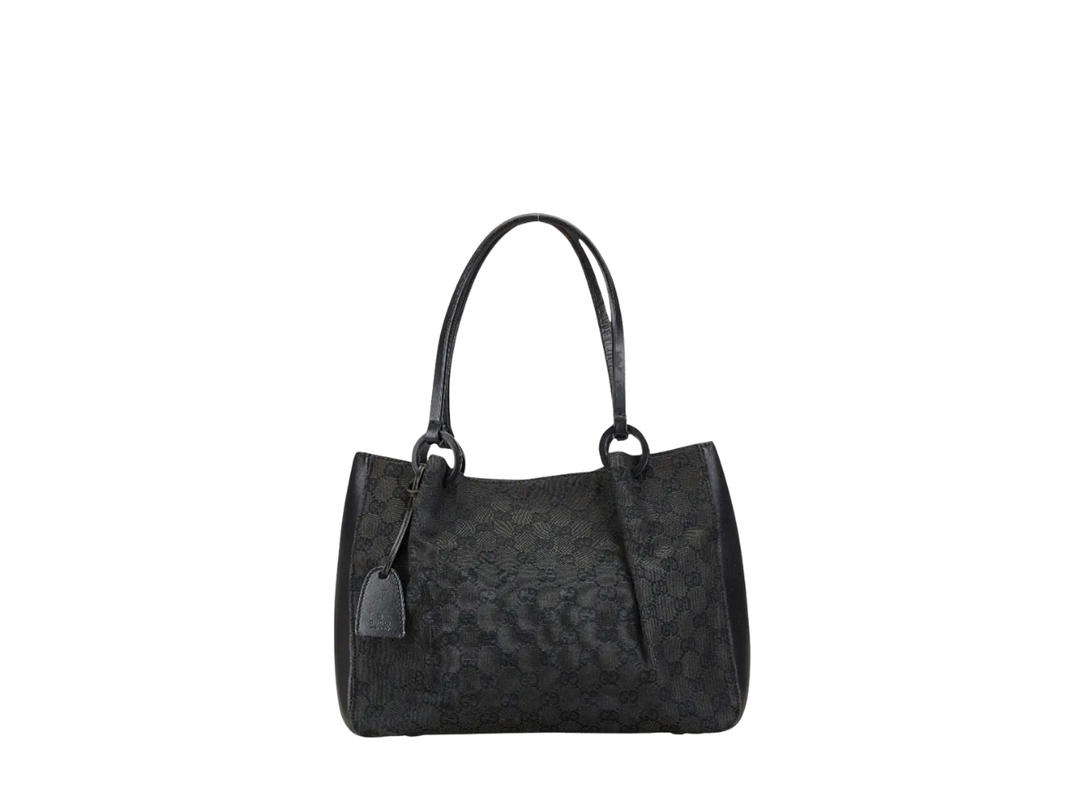 Gucci Gucci Shoulder Tote Bag Purse GG In Black Canvas Leather With Silver-Tone Hardware Black