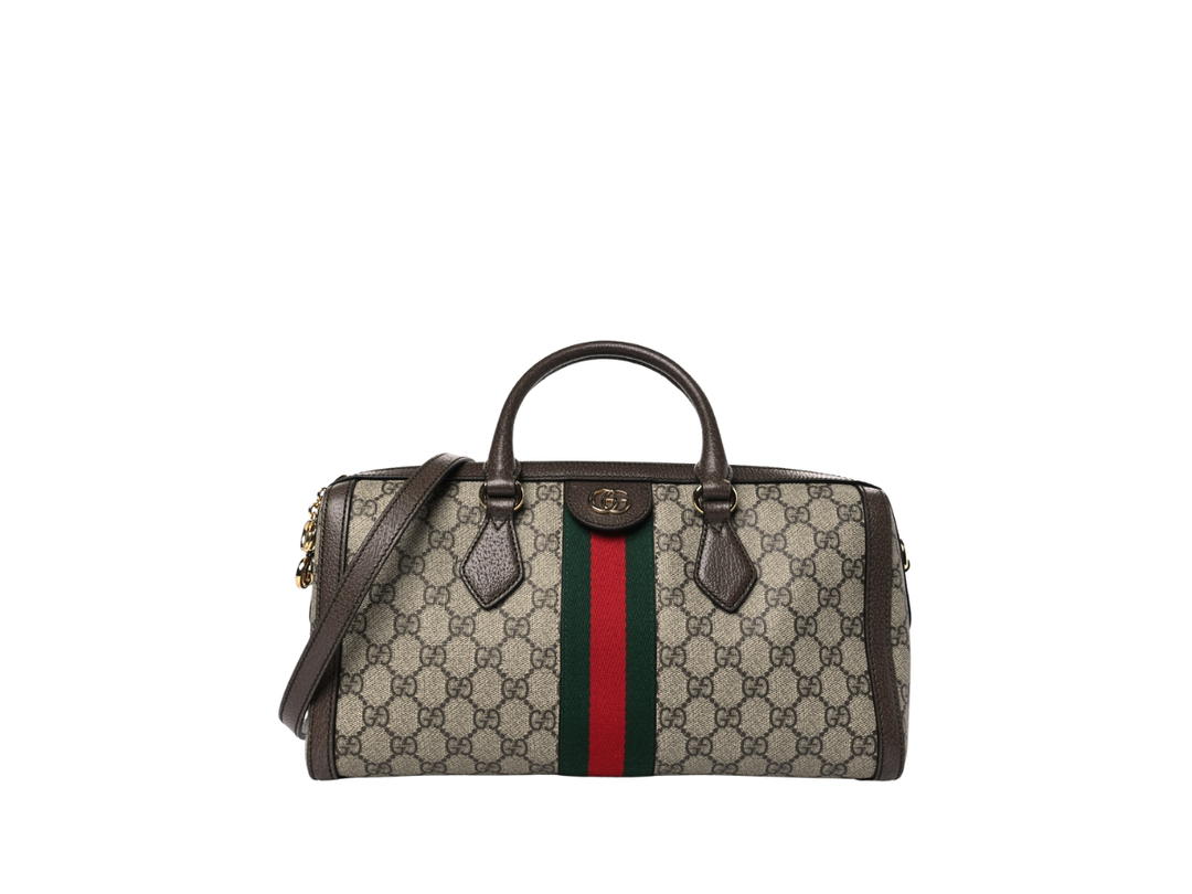 Gucci Gucci Supreme Monogram Web Medium Ophidia Boston Brown In Brown Monogram Canvas With Polished Brass Hardware Beige Ebony