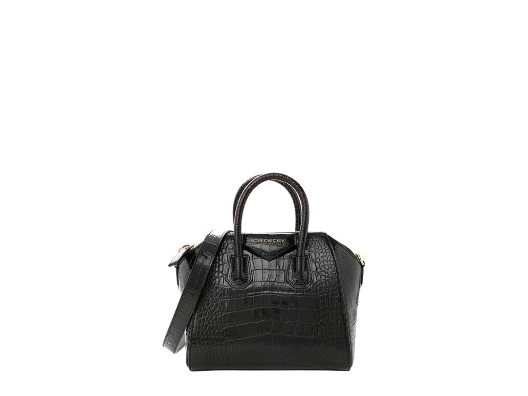Givenchy Givenchy Embossed Mini Antigona In Black Calfskin Crocodile With Gold Hardware