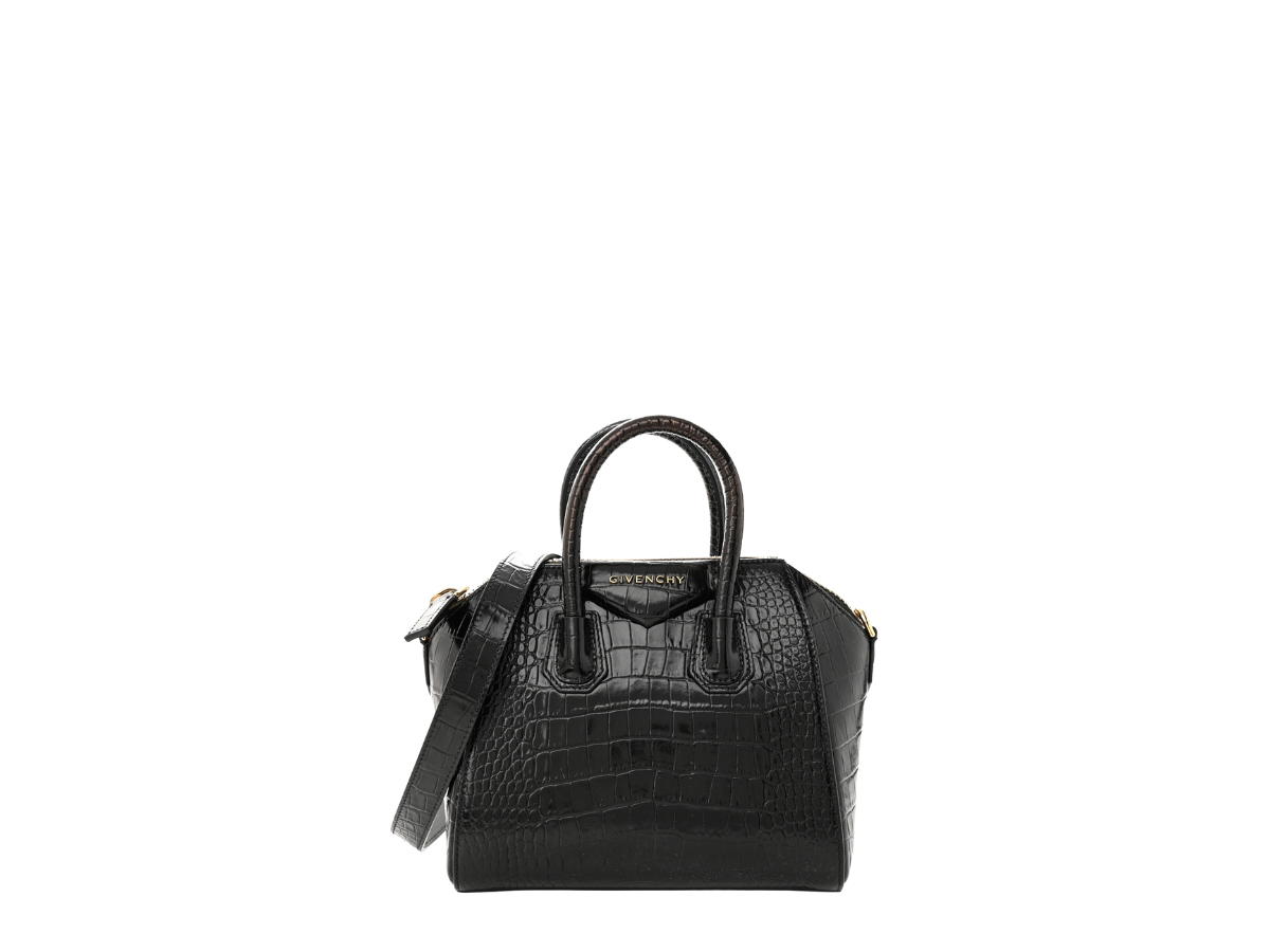 Givenchy Givenchy Embossed Mini Antigona In Black Calfskin Crocodile With Gold Hardware